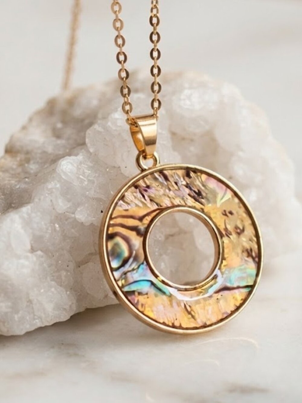 Gold Tone Donut Pendant Necklace with Iridescent Inlay